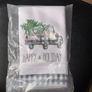 Festive Truck and Tree Holiday Kitchen Towel - White and Green, NEW